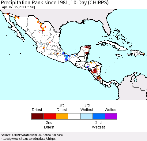 Mexico Central America and the Caribbean Precipitation Rank since 1981, 10-Day (CHIRPS) Thematic Map For 4/16/2023 - 4/25/2023