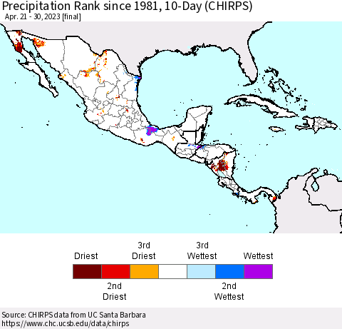 Mexico Central America and the Caribbean Precipitation Rank since 1981, 10-Day (CHIRPS) Thematic Map For 4/21/2023 - 4/30/2023