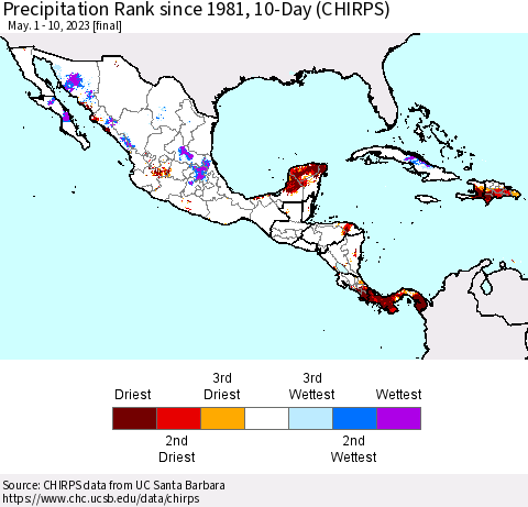 Mexico Central America and the Caribbean Precipitation Rank since 1981, 10-Day (CHIRPS) Thematic Map For 5/1/2023 - 5/10/2023