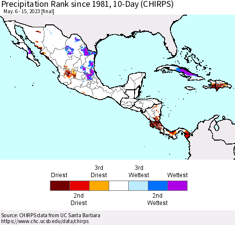 Mexico Central America and the Caribbean Precipitation Rank since 1981, 10-Day (CHIRPS) Thematic Map For 5/6/2023 - 5/15/2023