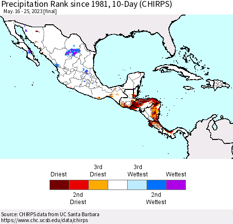 Mexico Central America and the Caribbean Precipitation Rank since 1981, 10-Day (CHIRPS) Thematic Map For 5/16/2023 - 5/25/2023