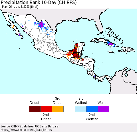 Mexico Central America and the Caribbean Precipitation Rank since 1981, 10-Day (CHIRPS) Thematic Map For 5/26/2023 - 6/5/2023