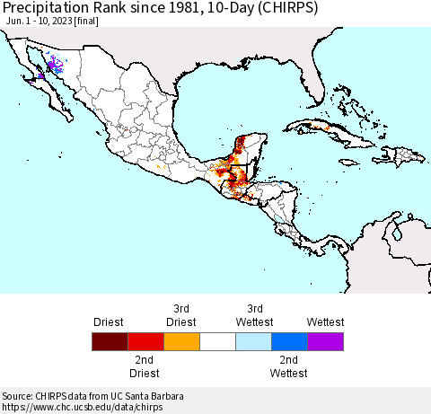Mexico Central America and the Caribbean Precipitation Rank since 1981, 10-Day (CHIRPS) Thematic Map For 6/1/2023 - 6/10/2023