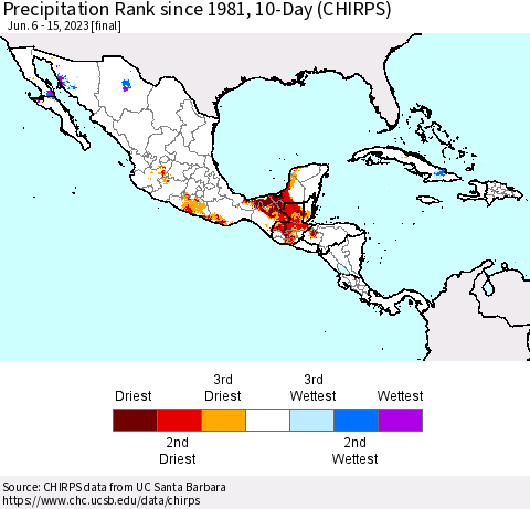Mexico Central America and the Caribbean Precipitation Rank since 1981, 10-Day (CHIRPS) Thematic Map For 6/6/2023 - 6/15/2023