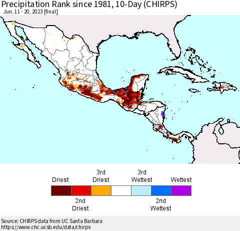 Mexico Central America and the Caribbean Precipitation Rank since 1981, 10-Day (CHIRPS) Thematic Map For 6/11/2023 - 6/20/2023