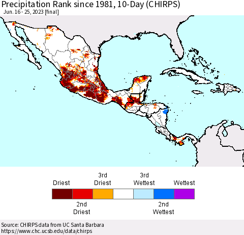 Mexico Central America and the Caribbean Precipitation Rank since 1981, 10-Day (CHIRPS) Thematic Map For 6/16/2023 - 6/25/2023