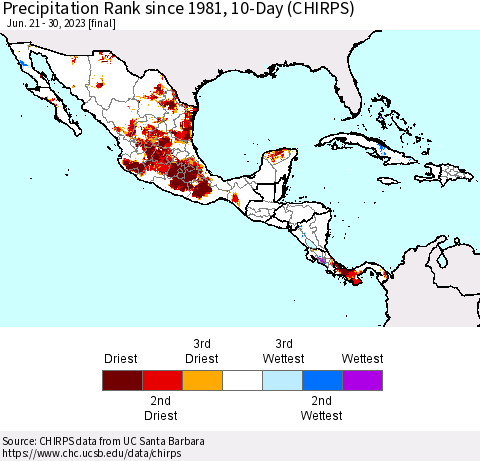 Mexico Central America and the Caribbean Precipitation Rank since 1981, 10-Day (CHIRPS) Thematic Map For 6/21/2023 - 6/30/2023
