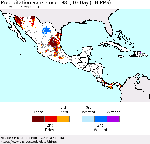 Mexico Central America and the Caribbean Precipitation Rank since 1981, 10-Day (CHIRPS) Thematic Map For 6/26/2023 - 7/5/2023