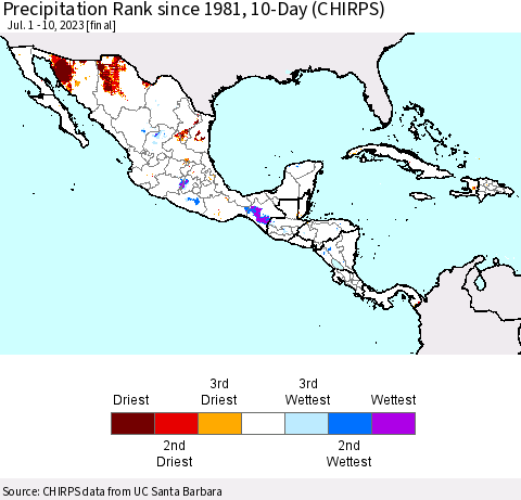 Mexico Central America and the Caribbean Precipitation Rank since 1981, 10-Day (CHIRPS) Thematic Map For 7/1/2023 - 7/10/2023