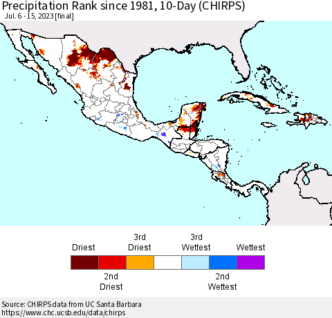 Mexico Central America and the Caribbean Precipitation Rank since 1981, 10-Day (CHIRPS) Thematic Map For 7/6/2023 - 7/15/2023