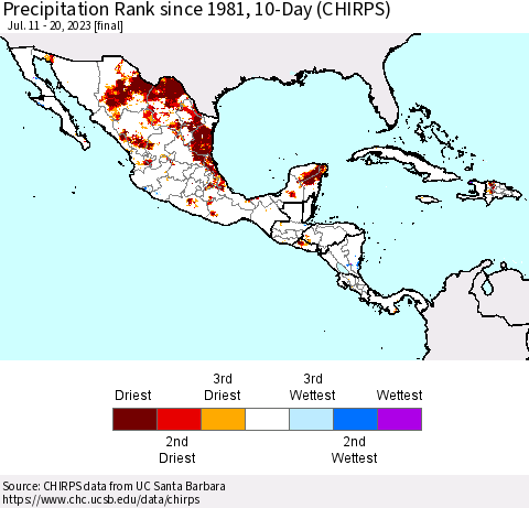 Mexico Central America and the Caribbean Precipitation Rank since 1981, 10-Day (CHIRPS) Thematic Map For 7/11/2023 - 7/20/2023