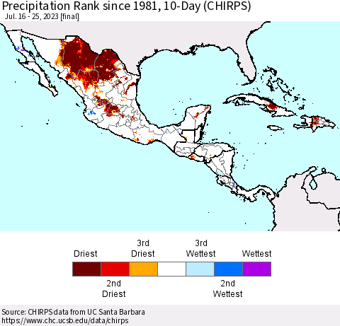 Mexico Central America and the Caribbean Precipitation Rank since 1981, 10-Day (CHIRPS) Thematic Map For 7/16/2023 - 7/25/2023