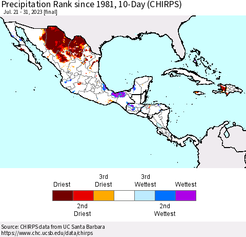 Mexico Central America and the Caribbean Precipitation Rank since 1981, 10-Day (CHIRPS) Thematic Map For 7/21/2023 - 7/31/2023