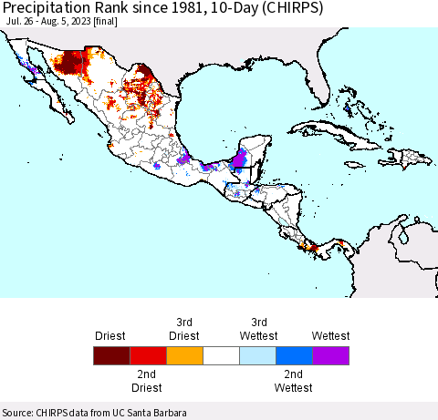 Mexico Central America and the Caribbean Precipitation Rank since 1981, 10-Day (CHIRPS) Thematic Map For 7/26/2023 - 8/5/2023
