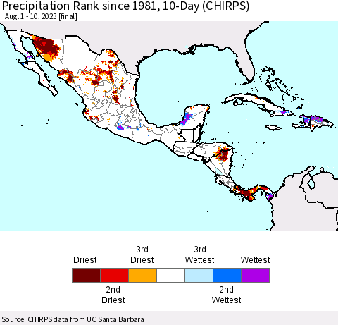 Mexico Central America and the Caribbean Precipitation Rank since 1981, 10-Day (CHIRPS) Thematic Map For 8/1/2023 - 8/10/2023