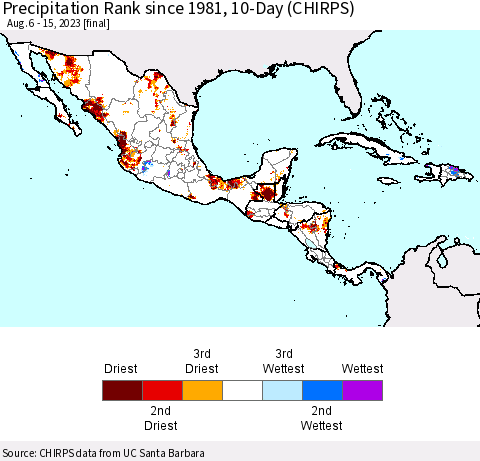 Mexico Central America and the Caribbean Precipitation Rank since 1981, 10-Day (CHIRPS) Thematic Map For 8/6/2023 - 8/15/2023