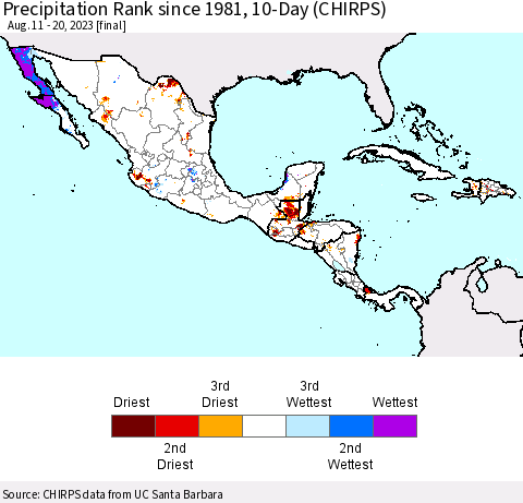 Mexico Central America and the Caribbean Precipitation Rank since 1981, 10-Day (CHIRPS) Thematic Map For 8/11/2023 - 8/20/2023