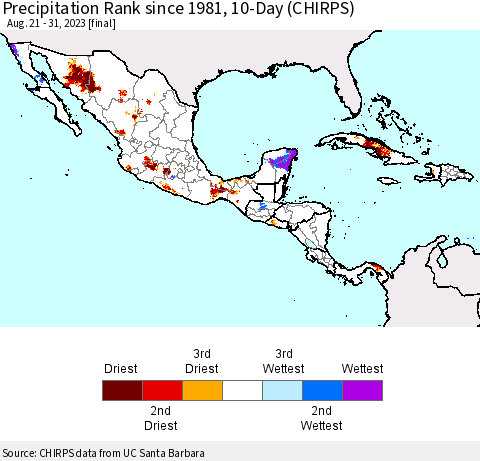 Mexico Central America and the Caribbean Precipitation Rank since 1981, 10-Day (CHIRPS) Thematic Map For 8/21/2023 - 8/31/2023