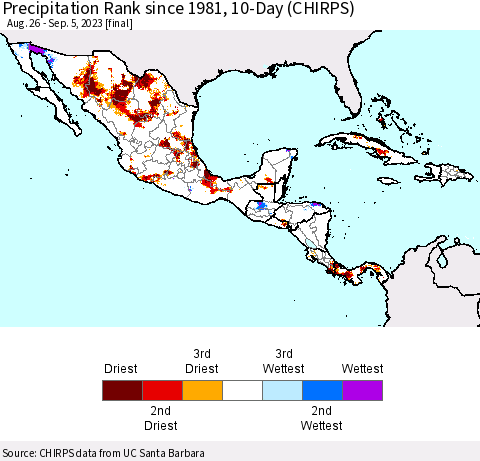 Mexico Central America and the Caribbean Precipitation Rank since 1981, 10-Day (CHIRPS) Thematic Map For 8/26/2023 - 9/5/2023