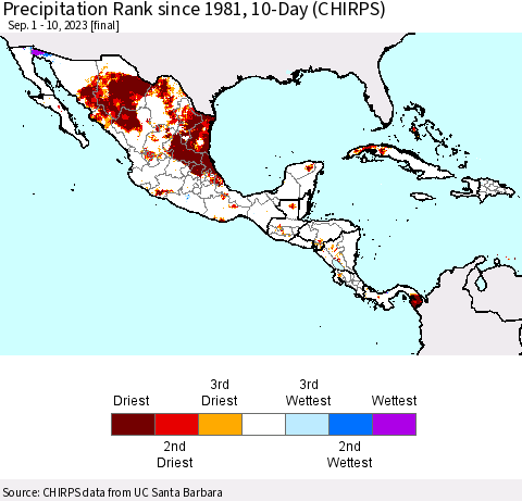 Mexico Central America and the Caribbean Precipitation Rank since 1981, 10-Day (CHIRPS) Thematic Map For 9/1/2023 - 9/10/2023