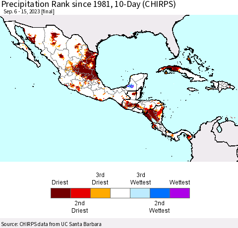 Mexico Central America and the Caribbean Precipitation Rank since 1981, 10-Day (CHIRPS) Thematic Map For 9/6/2023 - 9/15/2023