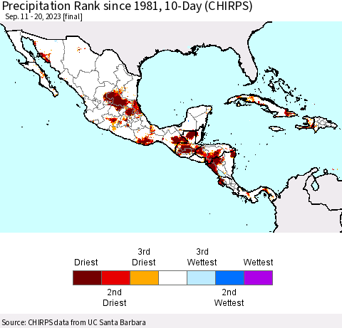 Mexico Central America and the Caribbean Precipitation Rank since 1981, 10-Day (CHIRPS) Thematic Map For 9/11/2023 - 9/20/2023