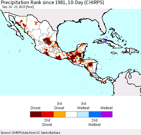 Mexico Central America and the Caribbean Precipitation Rank since 1981, 10-Day (CHIRPS) Thematic Map For 9/16/2023 - 9/25/2023