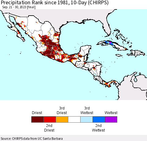 Mexico Central America and the Caribbean Precipitation Rank since 1981, 10-Day (CHIRPS) Thematic Map For 9/21/2023 - 9/30/2023