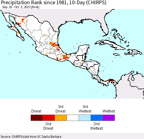Mexico Central America and the Caribbean Precipitation Rank since 1981, 10-Day (CHIRPS) Thematic Map For 9/26/2023 - 10/5/2023