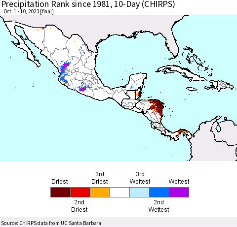 Mexico Central America and the Caribbean Precipitation Rank since 1981, 10-Day (CHIRPS) Thematic Map For 10/1/2023 - 10/10/2023