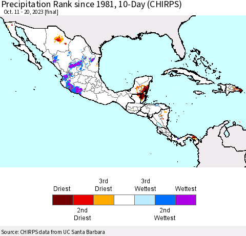 Mexico Central America and the Caribbean Precipitation Rank since 1981, 10-Day (CHIRPS) Thematic Map For 10/11/2023 - 10/20/2023