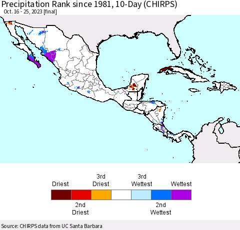 Mexico Central America and the Caribbean Precipitation Rank since 1981, 10-Day (CHIRPS) Thematic Map For 10/16/2023 - 10/25/2023