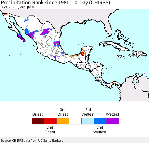 Mexico Central America and the Caribbean Precipitation Rank since 1981, 10-Day (CHIRPS) Thematic Map For 10/21/2023 - 10/31/2023