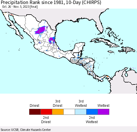 Mexico Central America and the Caribbean Precipitation Rank since 1981, 10-Day (CHIRPS) Thematic Map For 10/26/2023 - 11/5/2023