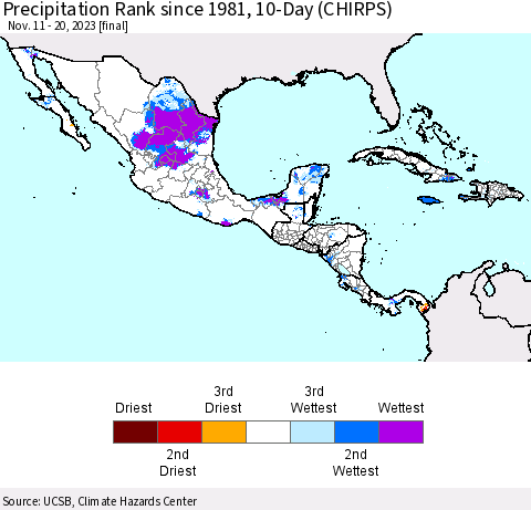 Mexico Central America and the Caribbean Precipitation Rank since 1981, 10-Day (CHIRPS) Thematic Map For 11/11/2023 - 11/20/2023
