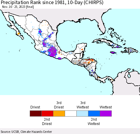 Mexico Central America and the Caribbean Precipitation Rank since 1981, 10-Day (CHIRPS) Thematic Map For 11/16/2023 - 11/25/2023