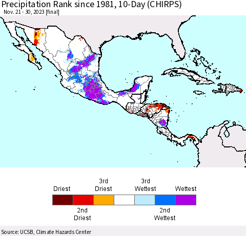 Mexico Central America and the Caribbean Precipitation Rank since 1981, 10-Day (CHIRPS) Thematic Map For 11/21/2023 - 11/30/2023