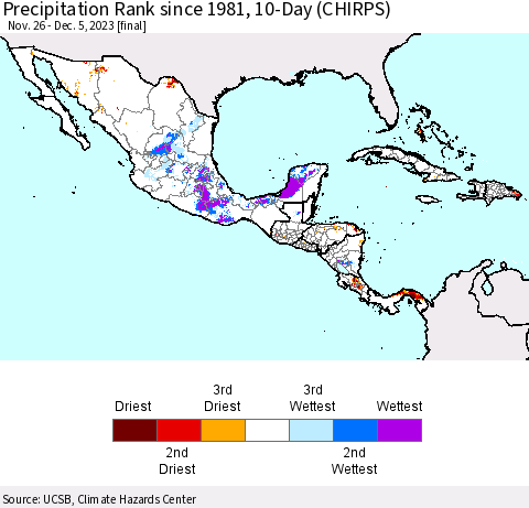Mexico Central America and the Caribbean Precipitation Rank since 1981, 10-Day (CHIRPS) Thematic Map For 11/26/2023 - 12/5/2023