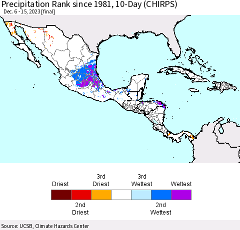 Mexico Central America and the Caribbean Precipitation Rank since 1981, 10-Day (CHIRPS) Thematic Map For 12/6/2023 - 12/15/2023
