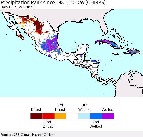 Mexico Central America and the Caribbean Precipitation Rank since 1981, 10-Day (CHIRPS) Thematic Map For 12/11/2023 - 12/20/2023