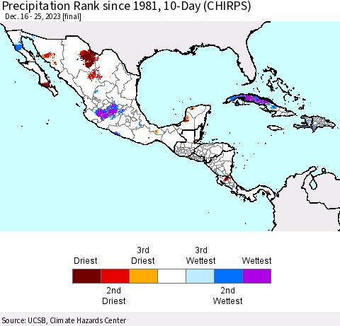 Mexico Central America and the Caribbean Precipitation Rank since 1981, 10-Day (CHIRPS) Thematic Map For 12/16/2023 - 12/25/2023