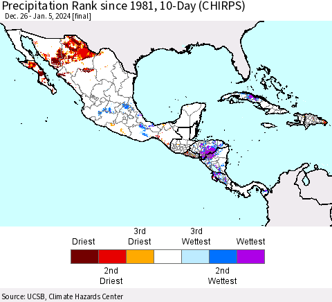 Mexico Central America and the Caribbean Precipitation Rank since 1981, 10-Day (CHIRPS) Thematic Map For 12/26/2023 - 1/5/2024