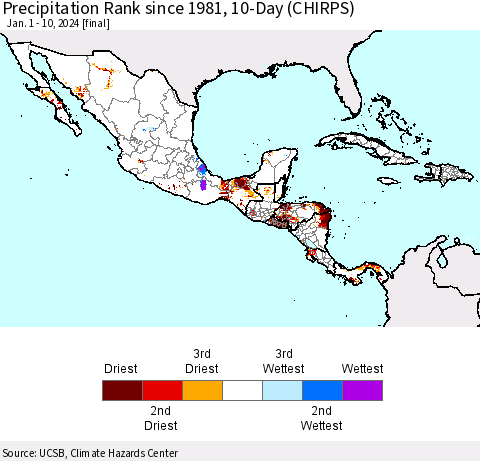 Mexico Central America and the Caribbean Precipitation Rank since 1981, 10-Day (CHIRPS) Thematic Map For 1/1/2024 - 1/10/2024