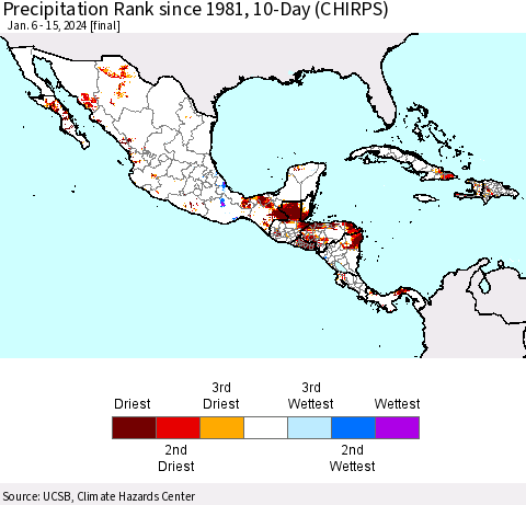 Mexico Central America and the Caribbean Precipitation Rank since 1981, 10-Day (CHIRPS) Thematic Map For 1/6/2024 - 1/15/2024