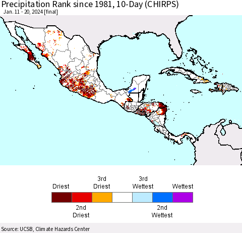 Mexico Central America and the Caribbean Precipitation Rank since 1981, 10-Day (CHIRPS) Thematic Map For 1/11/2024 - 1/20/2024