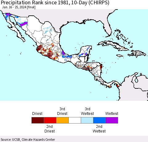 Mexico Central America and the Caribbean Precipitation Rank since 1981, 10-Day (CHIRPS) Thematic Map For 1/16/2024 - 1/25/2024