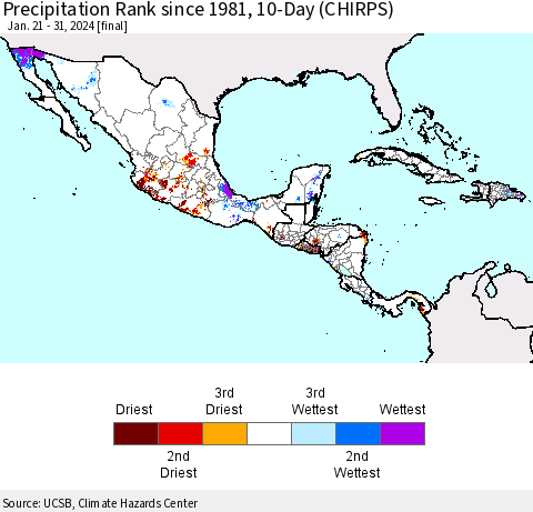 Mexico Central America and the Caribbean Precipitation Rank since 1981, 10-Day (CHIRPS) Thematic Map For 1/21/2024 - 1/31/2024