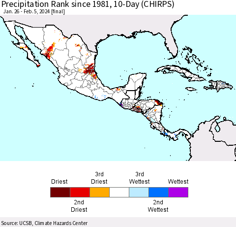 Mexico Central America and the Caribbean Precipitation Rank since 1981, 10-Day (CHIRPS) Thematic Map For 1/26/2024 - 2/5/2024