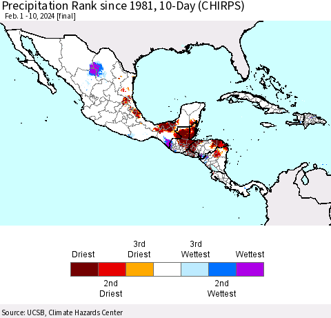 Mexico Central America and the Caribbean Precipitation Rank since 1981, 10-Day (CHIRPS) Thematic Map For 2/1/2024 - 2/10/2024