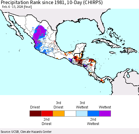 Mexico Central America and the Caribbean Precipitation Rank since 1981, 10-Day (CHIRPS) Thematic Map For 2/6/2024 - 2/15/2024